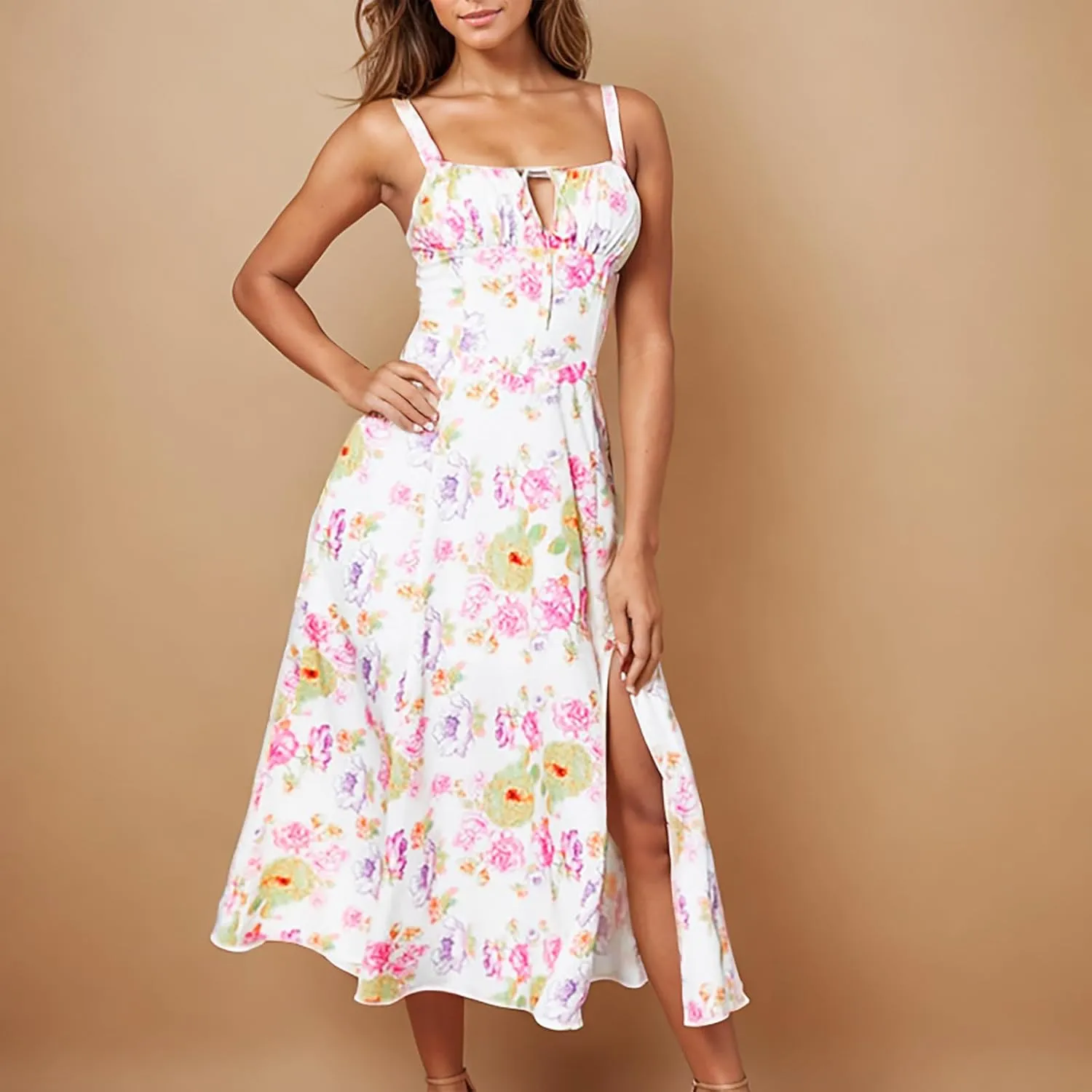 Womens Sundress Fashion Floral Print Strappy Loose Flowy Midi Dress Sexy Side Slit Pleated A-Line Beach Dress
