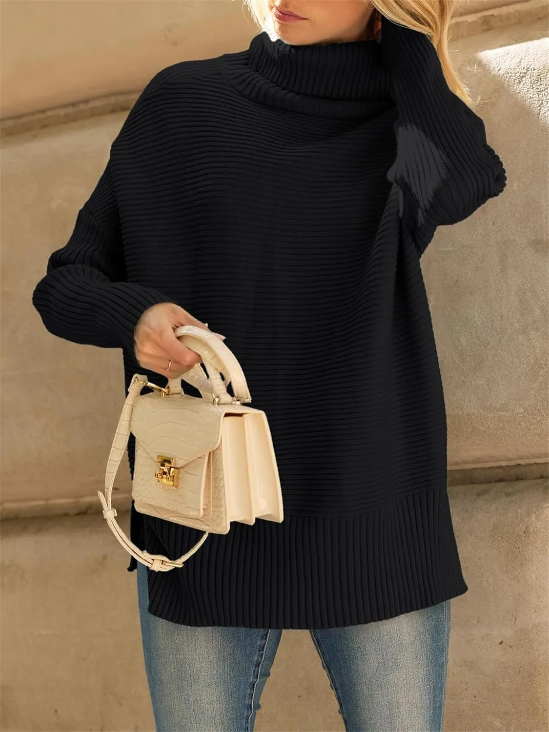 Women's Turtleneck Oversized Sweaters Split Hem Casual Knit Pullover Tops Fall Winter Outfits Fashion Sweaters