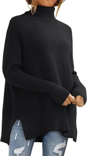 Women's Turtleneck Oversized Sweaters Split Hem Casual Knit Pullover Tops Fall Winter Outfits Fashion Sweaters