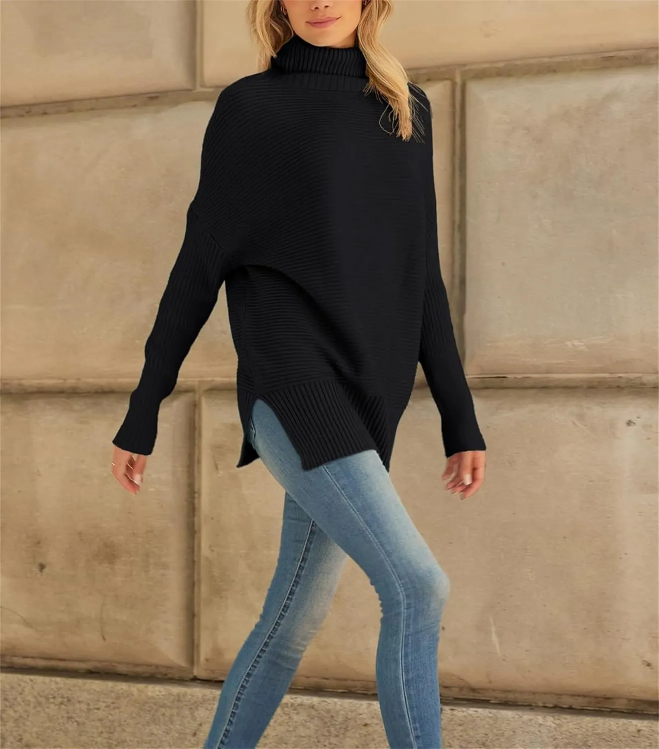 Women's Turtleneck Oversized Sweaters Split Hem Casual Knit Pullover Tops Fall Winter Outfits Fashion Sweaters