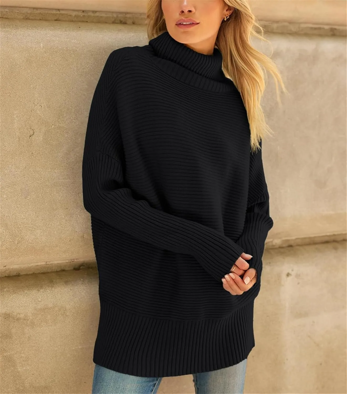 Women's Turtleneck Oversized Sweaters Split Hem Casual Knit Pullover Tops Fall Winter Outfits Fashion Sweaters