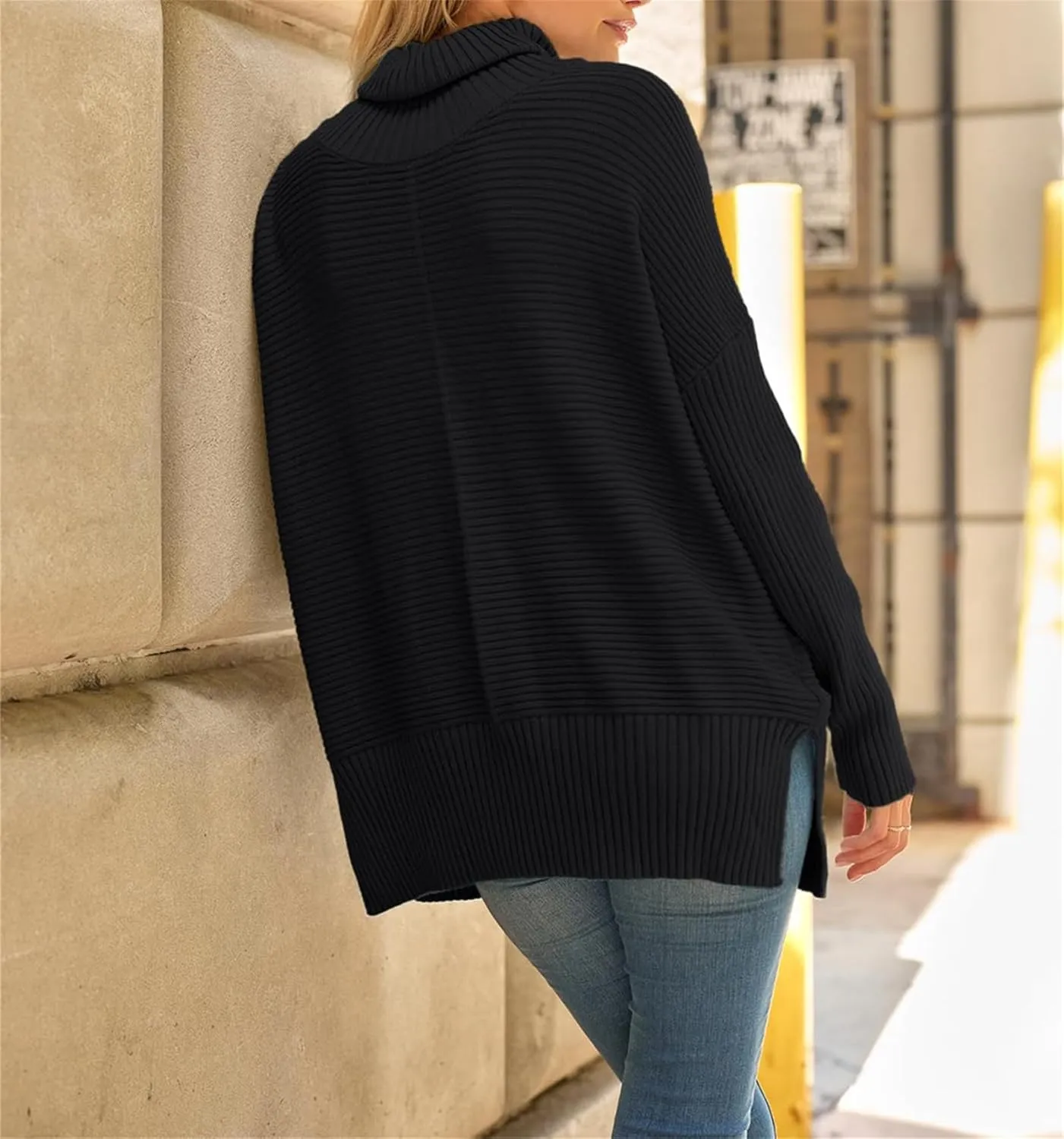Women's Turtleneck Oversized Sweaters Split Hem Casual Knit Pullover Tops Fall Winter Outfits Fashion Sweaters