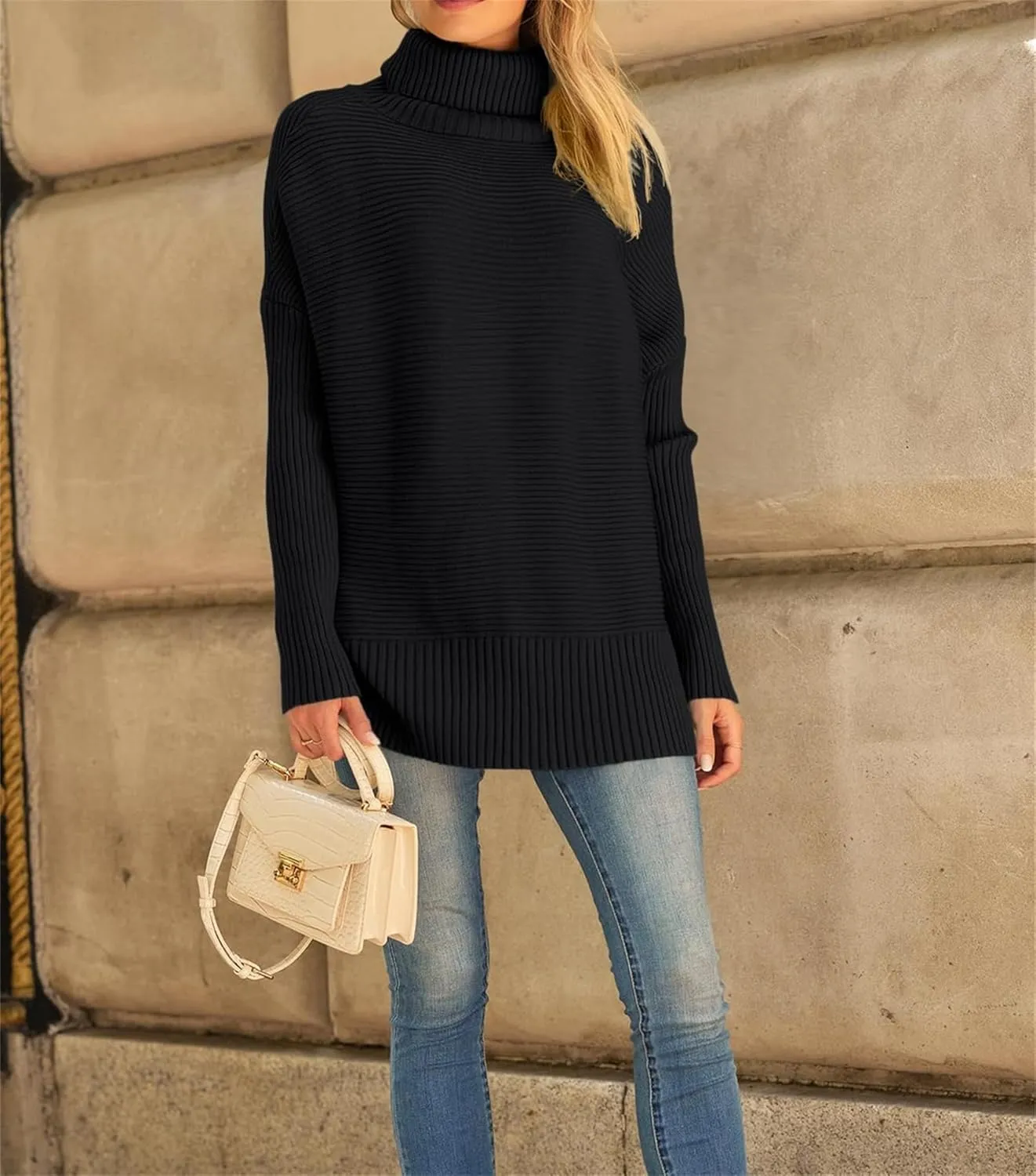 Women's Turtleneck Oversized Sweaters Split Hem Casual Knit Pullover Tops Fall Winter Outfits Fashion Sweaters