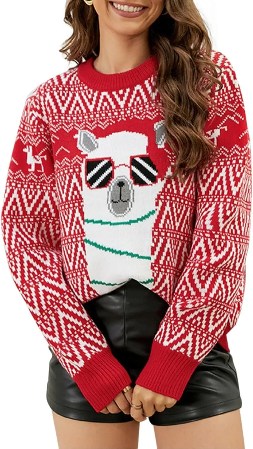Women's Ugly Christmas Sweaters Warm Knitted Christmas Sweaters Crew Neck Holiday Pullovers Funny Xmas Tops