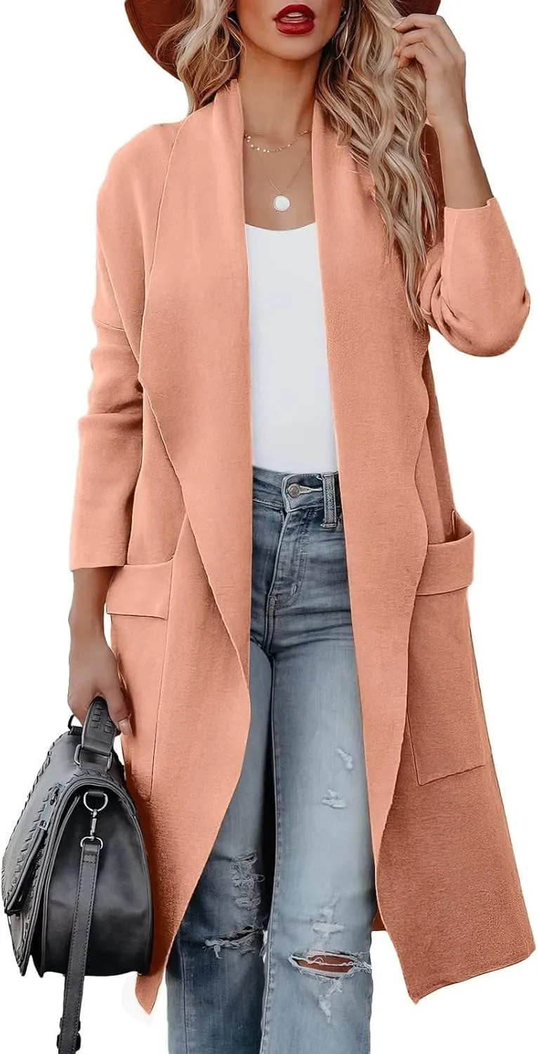 Womens Wool Blend Coat Casual Loose Lapel Open Front Cardigan Oversized Knit Long Sleeve Jacket Winter Overcoat